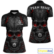 Load image into Gallery viewer, Black Red Flaming Skull 8 Ball women's quarter zip billiard shirt custom cue sports uniform, tournament pool jersey
