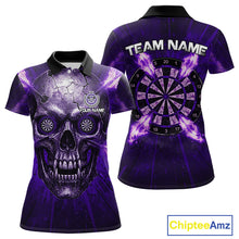 Load image into Gallery viewer, Custom Purple Flames Dart Arrow Cracked Skull Women Darts Polo Shirt Grunge Dart Gifts NYN1990