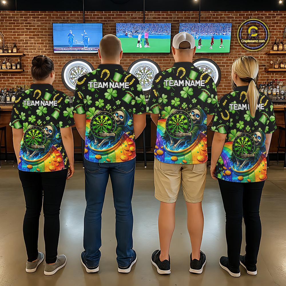 Rainbow Funny Skeleton Green Dartboard Women Darts Polo Shirt Custom St Patrick's Day Darts Jersey NYN2533