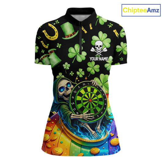 Rainbow Funny Skeleton Green Dartboard Women Darts Quarter-Zip Shirt Custom St Patrick's Day Darts Jersey NYN2533