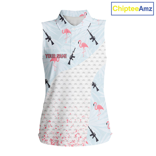 Funny Rifle & Flamingo Sleeveless Polo Shirt Womens Golf Polo Shirts Custom White Ball Golf Clothes NYN2877