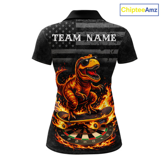 Custom Grunge Flame Dinosaur Darts Shirt Polo & 1/4 Zip Darts Jersey For Women US Flag Dart Outfit NYN2884