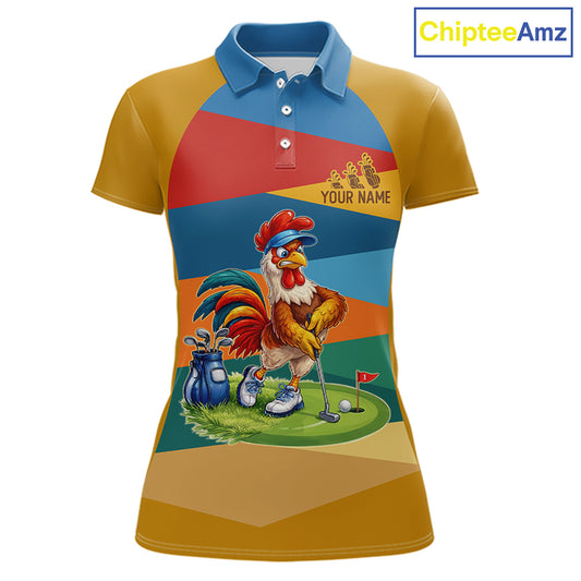 Colorful Rooster Womens Golf Polo Shirts Personalized Funny Golf Ball Shirts, Golf Gifts For Women NYN3098