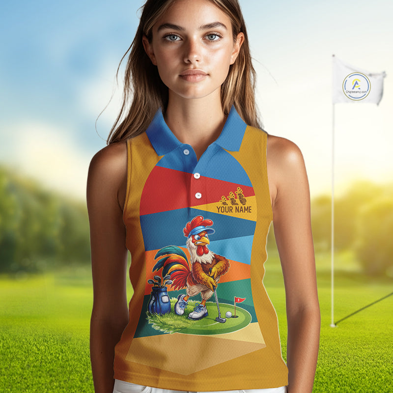 Colorful Rooster Womens Golf Sleeveless Polo Shirts Personalized Funny Golf Ball Shirts, Golf Gifts For Women NYN3098