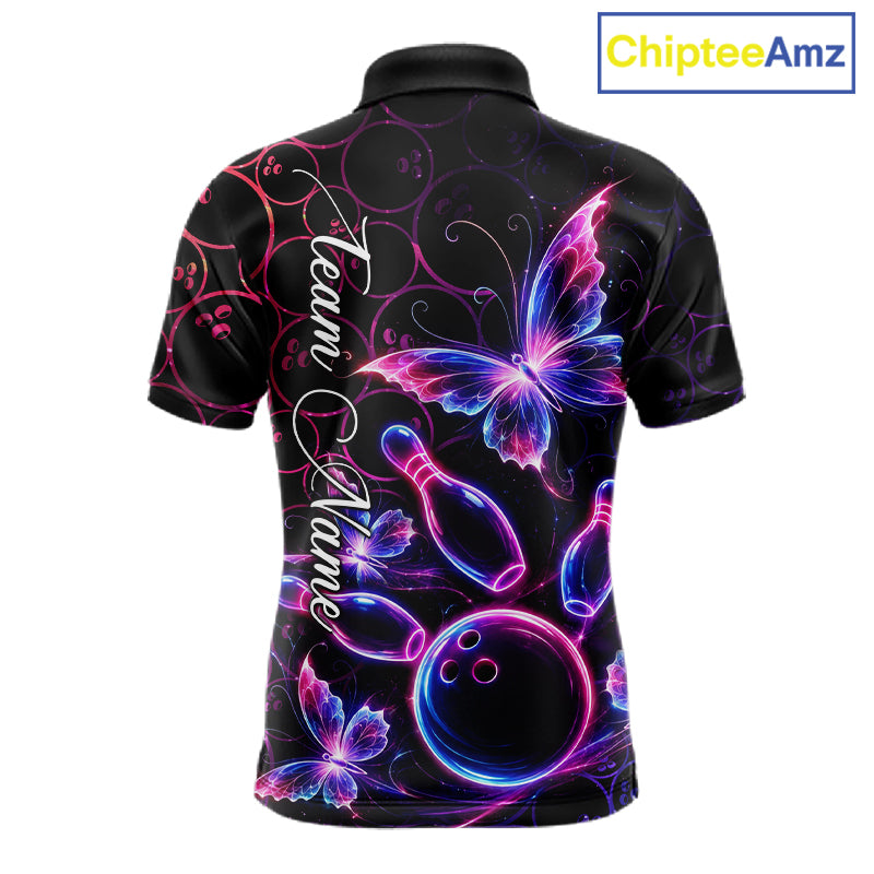 Neon Blue And Pink Butterfly Bowling Polo & 1/4-Zip Shirt For Men Custom Colorful Bowling Team Jersey NYN3266