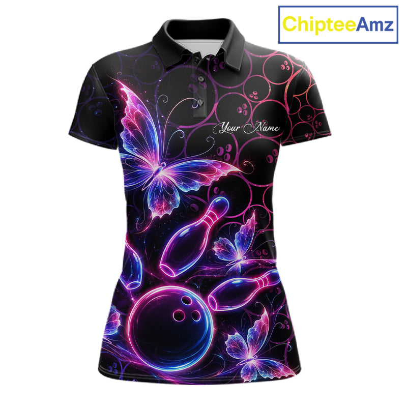 Neon Blue And Pink Butterfly Bowling Polo & 1/4-Zip Shirt For Women Custom Colorful Bowling Team Jersey NYN3266