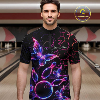 Neon Blue And Pink Butterfly Bowling Polo & 1/4-Zip Shirt For Men Custom Colorful Bowling Team Jersey NYN3266