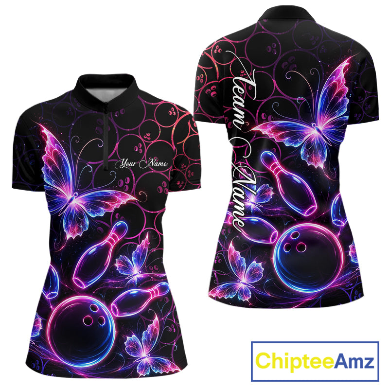 Neon Blue And Pink Butterfly Bowling Polo & 1/4-Zip Shirt For Women Custom Colorful Bowling Team Jersey NYN3266