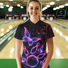 Load image into Gallery viewer, Neon Blue And Pink Butterfly Bowling Polo &amp; 1/4-Zip Shirt For Women Custom Colorful Bowling Team Jersey NYN3266
