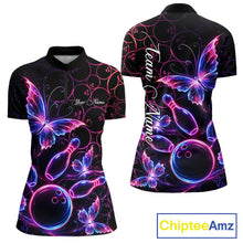 Load image into Gallery viewer, Neon Blue And Pink Butterfly Bowling Polo &amp; 1/4-Zip Shirt For Women Custom Colorful Bowling Team Jersey NYN3266