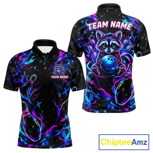 Splatter Neon Purple & Blue Bowling Shirts For Men Custom Funny Raccoon Team Bowling Jersey NYN3270