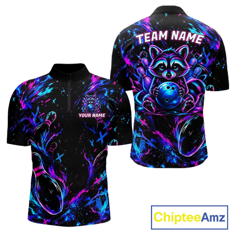 Splatter Neon Purple & Blue Bowling Shirts For Men Custom Funny Raccoon Team Bowling Jersey NYN3270
