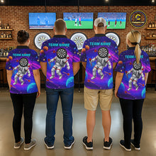 Load image into Gallery viewer, Men women darts team wearing Astronaut Galaxy Dartboard custom uniforms, colorful dart league jerseys