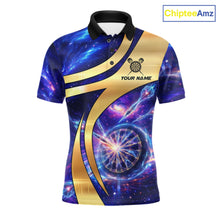 Load image into Gallery viewer, Personalized Golden And Purple Galaxy Darts Polo &amp; 1/4 Zip Shirt For Men Darts Clothing Jerseys NYN2892