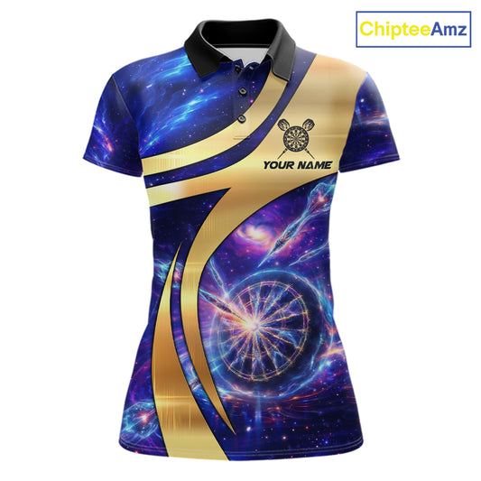 Personalized Golden And Purple Galaxy Darts Polo & 1/4 Zip Shirt For Women Darts Clothing Jerseys NYN2892