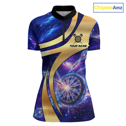 Personalized Golden And Purple Galaxy Darts Polo & 1/4 Zip Shirt For Women Darts Clothing Jerseys NYN2892