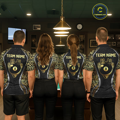 Personalized 8 Ball Pool Crown Men Billiard Shirts Gold And Silver Tribal Billiard Pool Jerseys NYN2894