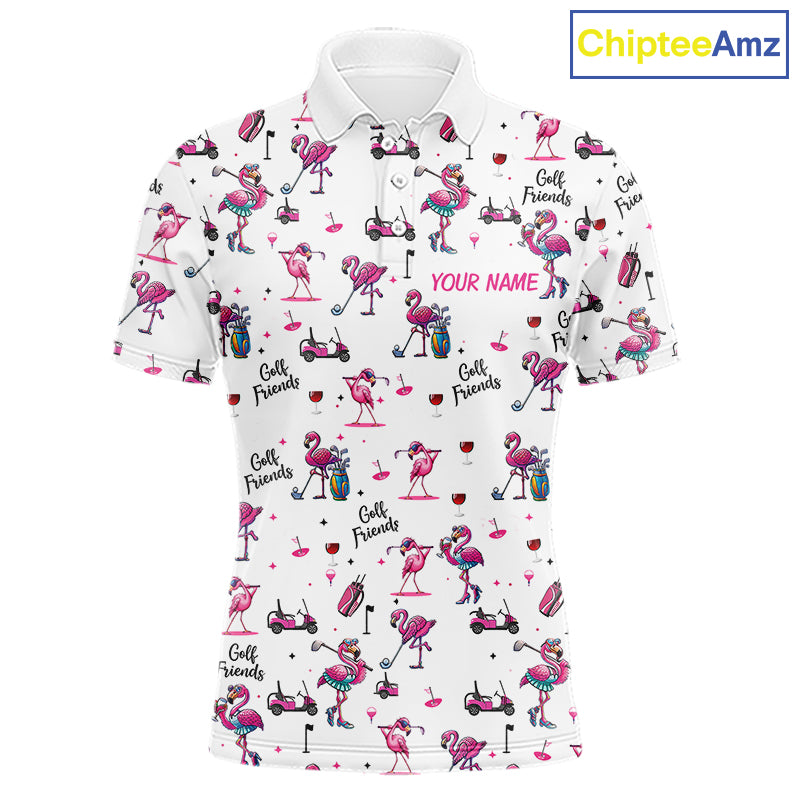 Funny Pink Flamingo Friends White Mens Polo Shirt Custom Flamingo Ladies Golf Outfits NYN3111