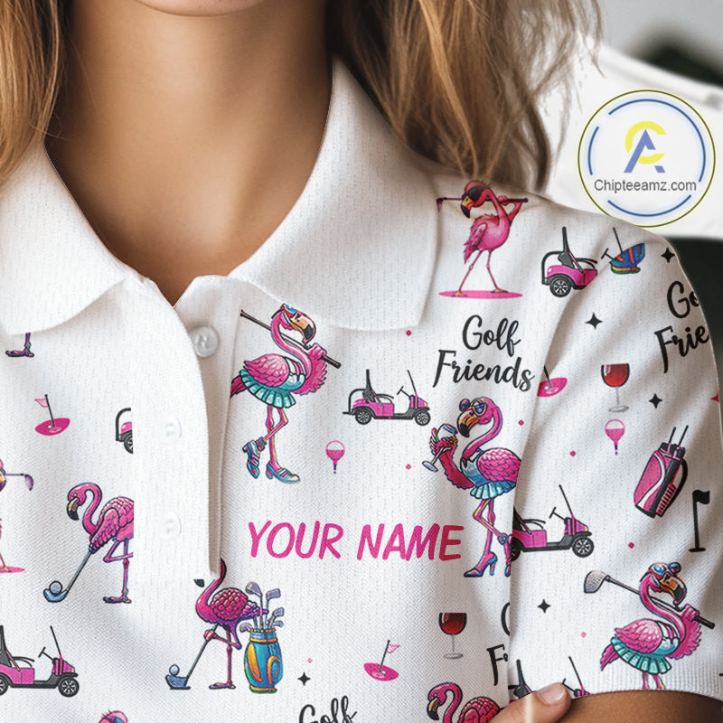 Funny Pink Flamingo Friends White Womens Polo Shirt Custom Flamingo Ladies Golf Outfits NYN3111