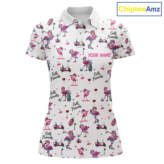 Funny Pink Flamingo Friends White Womens Polo Shirt Custom Flamingo Ladies Golf Outfits NYN3111