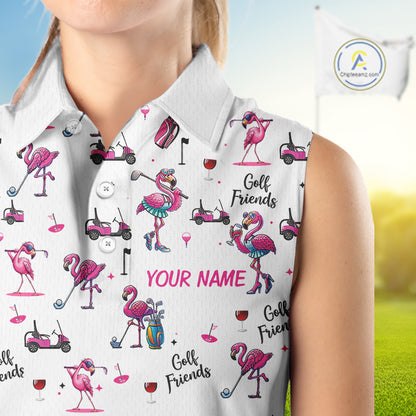 Funny Pink Flamingo Friends White Womens Sleeveless Polo Shirt Custom Flamingo Ladies Golf Outfits NYN3111