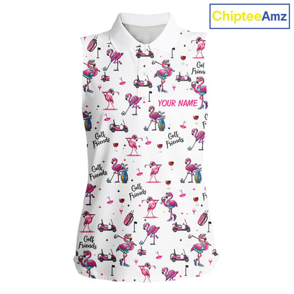 Funny Pink Flamingo Friends White Womens Sleeveless Polo Shirt Custom Flamingo Ladies Golf Outfits NYN3111