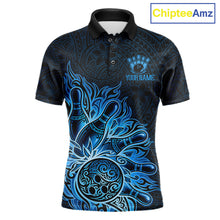 Load image into Gallery viewer, Blue Tribal Pattern Bowling Ball men's bowling polo shirt, custom tribal bowling team jersey, league bowling apparel