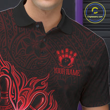 Load image into Gallery viewer, Male bowler wearing Red Tribal Bowling Ball bowling shirt, custom tournament bowling jersey