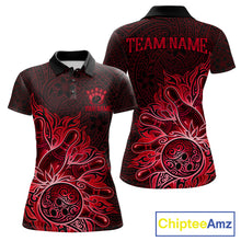 Load image into Gallery viewer, Red Tribal Pattern Bowling Ball women's bowling polo shirt, custom bowling team jersey, tribal bowling apparel