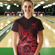 Load image into Gallery viewer, Female bowler wearing Red Tribal Bowling Ball bowling shirt, custom tournament bowling jersey