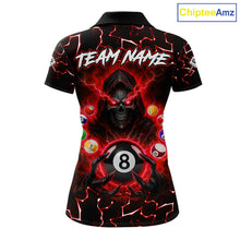 Load image into Gallery viewer, Lightning Red Grim Reaper women's bowling polo shirt, custom skull bowling team jersey, personalized bowling uniform