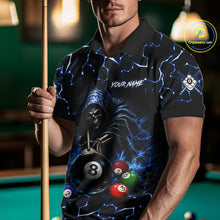 Load image into Gallery viewer, Male bowler wearing Lightning Blue Grim Reaper bowling shirt, custom bowling team jersey, league uniform