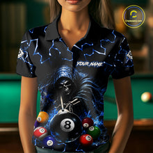 Load image into Gallery viewer, Female bowler wearing Lightning Blue Grim Reaper bowling jersey, custom bowling team shirt