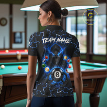 Load image into Gallery viewer, Female bowler wearing Lightning Blue Grim Reaper bowling jersey, custom bowling team shirt