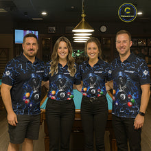 Load image into Gallery viewer, Men women bowling team wearing Lightning Blue Grim Reaper custom bowling jerseys, league bowling uniforms