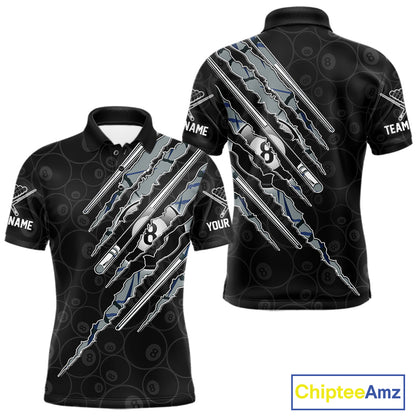 Men's Blue Scratch Pattern billiard polo featuring personalized team name, APA pool league apparel, custom BCA tournament jersey, performance sports polo.