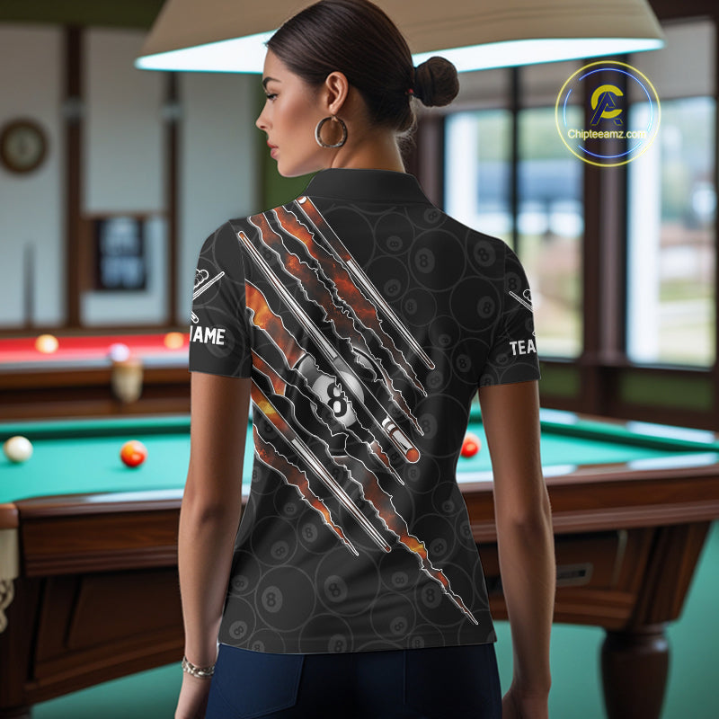 Female model wearing Red Fire Flames billiard polo, personalized team apparel, custom pool tournament clothing, sports club fashion.