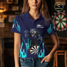 Load image into Gallery viewer, Personalized Funny Wolf Blue Flaming Darts Women Polo &amp; 1/4-Zip Dart Shirt Wolf Dart Team Jerseys NYN2900