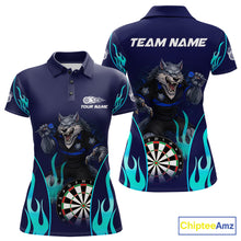 Load image into Gallery viewer, Personalized Funny Wolf Blue Flaming Darts Women Polo &amp; 1/4-Zip Dart Shirt Wolf Dart Team Jerseys NYN2900