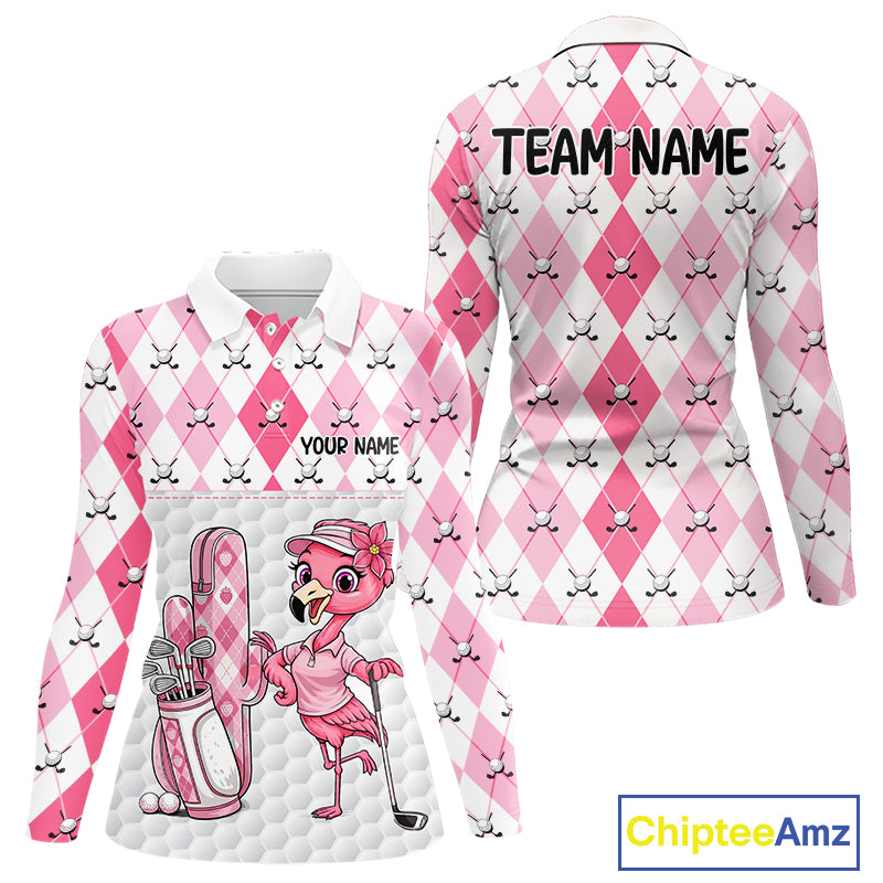 Funny Flamingo Golf Polo Shirts For Women Pink Argyle Flamingo Custom White Ball Golf Apparel NYN3121