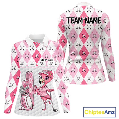 Funny Flamingo Golf Polo Shirts For Women Pink Argyle Flamingo Custom White Ball Golf Apparel NYN3121