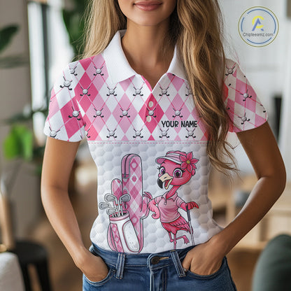 Funny Flamingo Golf Polo Shirts For Women Pink Argyle Flamingo Custom White Ball Golf Apparel NYN3121