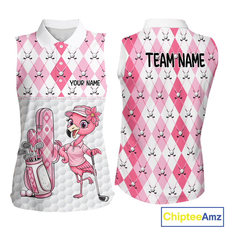 Funny Flamingo Golf Sleeveless Polo Shirts For Women Pink Argyle Flamingo Custom White Ball Golf Apparel NYN3121