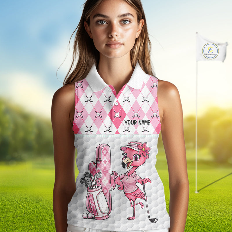 Funny Flamingo Golf Sleeveless Polo Shirts For Women Pink Argyle Flamingo Custom White Ball Golf Apparel NYN3121