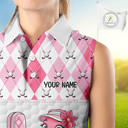Funny Flamingo Golf Sleeveless Polo Shirts For Women Pink Argyle Flamingo Custom White Ball Golf Apparel NYN3121