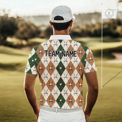 Funny Cool Duck Golf Polo Shirts For Men Green & Brown Argyle Custom White Ball Golf Apparel NYN3122