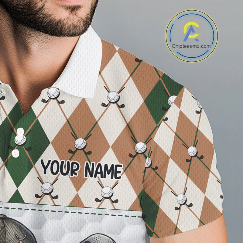Funny Cool Duck Golf Polo Shirts For Men Green & Brown Argyle Custom White Ball Golf Apparel NYN3122
