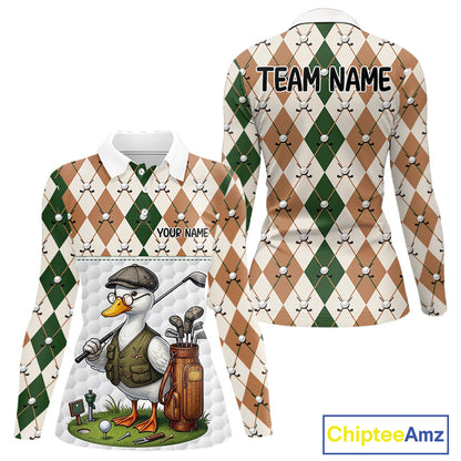 Funny Cool Duck Golf Polo Shirts For Women Green & Brown Argyle Custom White Ball Golf Apparel NYN3122