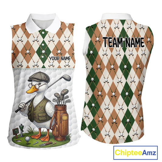 Funny Cool Duck Golf Sleeveless Polo Shirts For Women Green & Brown Argyle Custom White Ball Golf Apparel NYN3122