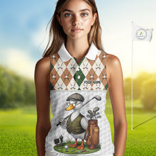 Load image into Gallery viewer, Funny Cool Duck Golf Sleeveless Polo Shirts For Women Green &amp; Brown Argyle Custom White Ball Golf Apparel NYN3122